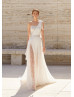 One Shoulder Lace Tulle Thigh-high Slit Boho Wedding Dress